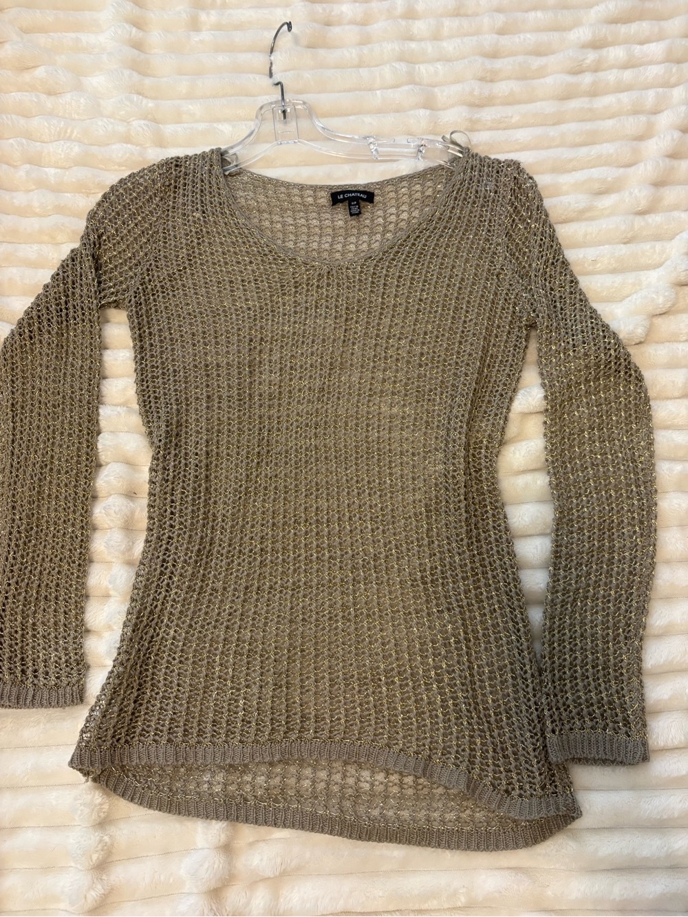 le chateau olive open-knit scoop neck sweater